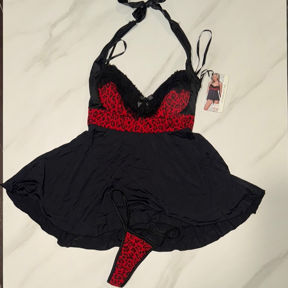 Animal Print Black and Red Lingerie Set